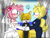 Size: 2000x1500 | Tagged: safe, artist:lupitamota, amy rose, maria robotnik, miles "tails" prower, oc, oc:maria the hedgehog, hedgehog, 2019, abstract background, alternate outfit, blushing, bowtie, clothes, curtain, dress, eyes closed, female, holding something, lesbian, lidded eyes, looking at each other, male, mariamy, shipping, signature, smile, smiling at each other, standing, suit, trio, wedding, wedding dress, wedding suit