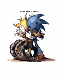 Size: 1678x2048 | Tagged: safe, artist:_rat_riot, miles "tails" prower, nine, sonic the hedgehog, sonic prime, 2023, comforting, dialogue, duo, english text, eyes closed, hugging, right in the feels, sad, shadow (lighting), simple background, standing, white background