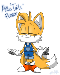Size: 650x809 | Tagged: safe, artist:kentenious2, miles "tails" prower, oc, oc:millie "tails" prower, 2021, blushing, character name, clothes, eyes closed, gender swap, overalls, smile, solo, standing