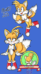 Size: 2160x3840 | Tagged: safe, artist:nickofthebra, miles "tails" prower, 2022, banner, blue background, blushing, breasts, english text, featureless breasts, gender swap, heels, signature, simple background, smile, solo, standing, wink
