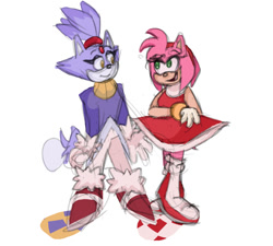 Size: 1111x999 | Tagged: safe, artist:thescrapbrainzone, amy rose, blaze the cat, cat, hedgehog, 2022, amy x blaze, amy's halterneck dress, blaze's tailcoat, cute, female, females only, lesbian, looking at each other, shipping