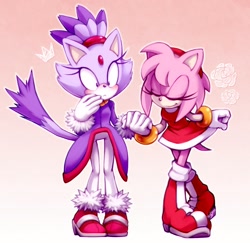 Size: 1228x1195 | Tagged: safe, artist:wereshoes, amy rose, blaze the cat, cat, hedgehog, 2017, amy x blaze, amy's halterneck dress, blaze's tailcoat, blushing, crown, cute, eyes closed, female, females only, flowers, holding hands, lesbian, shipping
