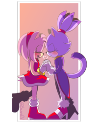 Size: 540x675 | Tagged: safe, artist:sasmev, amy rose, blaze the cat, cat, hedgehog, 2019, amy x blaze, amy's halterneck dress, blaze's tailcoat, blushing, cute, eyes closed, female, females only, heart, holding hands, lesbian, mouth open, shipping