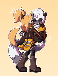 Size: 2048x2657 | Tagged: safe, artist:hiibe, tangle the lemur, whisper the wolf, carrying them, duo, eyes closed, gradient background, lesbian, outline, shipping, smile, standing, tangabetes, tangle x whisper, whispabetes