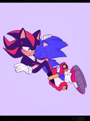 Size: 640x857 | Tagged: safe, artist:glitchedcosmos, shadow the hedgehog, sonic the hedgehog, blushing, border, cute, duo, eyes closed, gay, holding each other, lidded eyes, looking at them, purple background, shadow x sonic, shadowbetes, shipping, simple background, sonabetes
