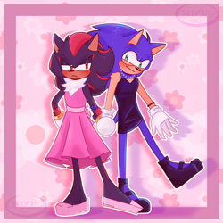 Size: 2048x2048 | Tagged: safe, artist:xxcloudyskiezxx, shadow the hedgehog, sonic the hedgehog, blushing, border, bracelet, crossdressing, dress, duo, eye twitch, femboy, flower, frown, gay, holding hands, necklace, outline, shadow x sonic, shipping, signature, smile, standing