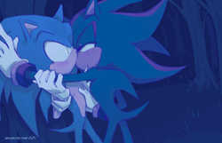 Size: 2048x1322 | Tagged: safe, artist:12neonlit-stage, shadow the hedgehog, sonic the hedgehog, abstract background, blushing, duo, gay, holding them, kiss, lidded eyes, looking at each other, nighttime, outdoors, pinning them, shadow x sonic, shipping, shrunken pupils, standing, top surgery scars, trans male, transgender, tree