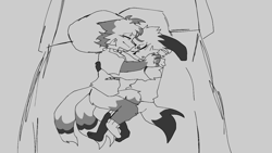 Size: 1280x720 | Tagged: safe, artist:raoutlook, kit the fennec, miles "tails" prower, bed, duo, eyes closed, floppy ears, gay, greyscale, holding each other, kitails, lying on side, pillow, shipping, smile, snuggling