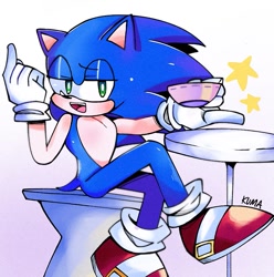 Size: 819x826 | Tagged: safe, artist:kumakumaoii, sonic the hedgehog, 2023, blushing, chair, cup, holding something, lidded eyes, looking at viewer, mouth open, pointing, signature, sitting, smile, solo, star (symbol), table