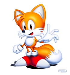 Size: 1400x1500 | Tagged: safe, artist:wendercarlosart, miles "tails" prower, sonic superstars, 2023, classic style, classic tails, looking at viewer, mouth open, shadow (lighting), signature, simple background, smile, solo, standing, white background