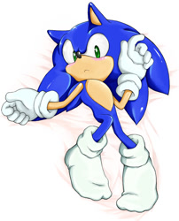 Size: 890x1100 | Tagged: safe, artist:shoppaaaa, sonic the hedgehog, 2009, :<, abstract background, blushing, body pillow, cute, dakimakura, frown, looking at viewer, lying down, shiny, socks, solo, sonabetes