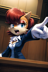 Size: 2048x3072 | Tagged: safe, ai art, artist:mobians.ai, sally acorn, abstract background, ace attorney, courtroom, lawyer, lidded eyes, looking offscreen, mouth open, pointing, solo
