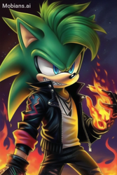 Size: 512x768 | Tagged: safe, ai art, artist:mobians.ai, scourge the hedgehog, abstract background, blue eyes, clenched teeth, fire, fire hand, flame, gloves, jacket, looking offscreen, missing accessory, pants, sharp teeth, shirt, smile, solo, standing