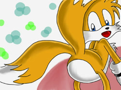 Size: 639x479 | Tagged: safe, artist:hydrocityzone, miles "tails" prower, abstract background, butt, featureless butt, looking back, smile, solo, standing