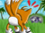 Size: 635x476 | Tagged: safe, artist:hydrocityzone, miles "tails" prower, fox, abstract background, all fours, butt, chaos emerald, clouds, daytime, featureless butt, grass, male, outdoors, palm tree, raised tail, solo, tree