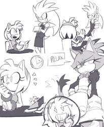 Size: 1683x2048 | Tagged: safe, artist:coldspace, amy rose, blaze the cat, silver the hedgehog, cat, hedgehog, 2023, amy x blaze, amy's halterneck dress, cake, clock, cute, english text, female, females only, heart eyes, lesbian, shipping, sketch, waiter, waitress, waitstaff outfit