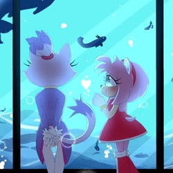 Size: 1080x1080 | Tagged: safe, artist:piperowu.png, amy rose, blaze the cat, cat, hedgehog, 2023, amy x blaze, amy's halterneck dress, blaze's tailcoat, cute, female, females only, fish, hands behind back, hands together, heart, lesbian, shipping