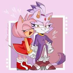 Size: 1000x1000 | Tagged: safe, artist:low_motivationn, amy rose, blaze the cat, cat, hedgehog, 2023, amy x blaze, amy's halterneck dress, blaze's tailcoat, cute, eyes closed, female, females only, hearts, holding hands, lesbian, mouth open, shipping
