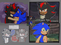 Size: 2048x1536 | Tagged: safe, artist:saikkie, shadow the hedgehog, sonic the hedgehog, abstract background, blushing, blushing ears, dialogue, drooling, duo, english text, gay, lidded eyes, shadow x sonic, shipping, snuggling, standing, top surgery scars, trans male, transgender