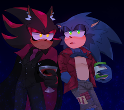 Size: 932x824 | Tagged: safe, artist:foolnamedjoey, shadow the hedgehog, sonic the hedgehog, alternate eye color, blushing, chalice, chest fluff, clothes, drink, duo, ear fluff, gay, glowing eyes, gradient background, hand in pocket, holding something, lidded eyes, one fang, shadow x sonic, shipping, standing, top surgery scars, trans male, transgender, victorian outfit, yellow eyes