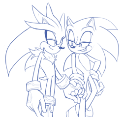 Size: 1246x1186 | Tagged: safe, artist:siggiedraws, silver the hedgehog, sonic the hedgehog, duo, gay, holding hands, lidded eyes, line art, looking at each other, shipping, simple background, smile, sonilver, standing, white background