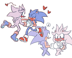Size: 2048x1644 | Tagged: safe, artist:chippuyon, silver the hedgehog, sonic the hedgehog, blushing, cute, dancing, duo, eyelashes, gay, heart, heart tongue, holding hands, looking at them, mouth open, musical note, one fang, shipping, silvabetes, smile, sonabetes, sonilver, standing
