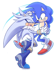 Size: 1612x2066 | Tagged: safe, artist:siggiedraws, silver the hedgehog, sonic the hedgehog, dancing, duo, eyes closed, gay, holding hands, looking at them, shipping, simple background, smile, sonilver, standing, white background