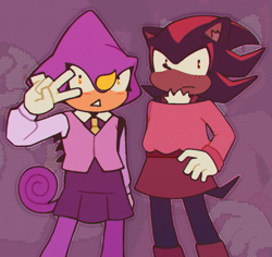 Size: 1127x1065 | Tagged: safe, artist:neetclown, espio the chameleon, shadow the hedgehog, blushing, crossdressing, dress, duo, echo background, femboy, frown, gay, hand on hip, looking at viewer, shadpio, shipping, skirt, standing, sweater, tie, v sign