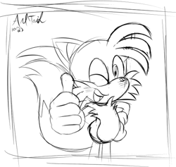 Size: 1139x1078 | Tagged: safe, artist:andtails1, miles "tails" prower, 2023, blushing, looking at viewer, mouth open, redraw, signature, smile, solo, sonic x, standing, thumbs up, w.i.p, wink
