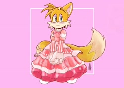 Size: 3508x2480 | Tagged: safe, artist:rockynia, miles "tails" prower, 2023, :3, blushing, crossdressing, dress, femboy, hands together, looking at viewer, pink background, princess tails, signature, simple background, smile, solo, standing, sweatdrop, tiara