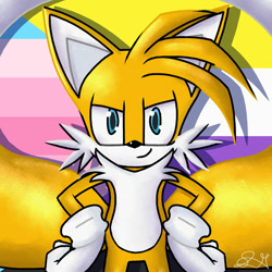 Size: 1280x1280 | Tagged: safe, artist:firedemon722, miles "tails" prower, 2023, hands on hips, icon, looking at viewer, nonbinary, nonbinary pride, pride, shadow (lighting), signature, smile, solo, transfem pride, transgender