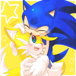 Size: 600x600 | Tagged: safe, artist:r_seiyo, miles "tails" prower, sonic the hedgehog, 2013, blushing, border, cute, dawww, duo, eyes closed, gay, holding each other, holding hands, hugging, looking at them, mouth open, one eye closed, outline, shipping, simple background, smile, sonabetes, sonic x tails, star (symbol), tailabetes, yellow background