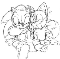 Size: 500x492 | Tagged: artist needed, safe, miles "tails" prower, sonic the hedgehog, 2012, blushing, cute, duo, eyes closed, gay, heart, kneeling, line art, looking at them, mouth open, one eye closed, shipping, simple background, sketch, smile, sonic x tails, tail hug, tailabetes, white background