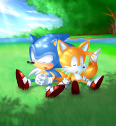 Size: 550x600 | Tagged: artist needed, safe, miles "tails" prower, sonic the hedgehog, 2013, blushing, classic sonic, classic tails, cute, daytime, duo, eyes closed, gay, grass, hands together, mouth open, outdoors, shipping, sitting, sleeping, sonic x tails, sunray, tree