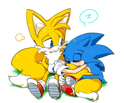Size: 840x700 | Tagged: artist needed, safe, miles "tails" prower, sonic the hedgehog, 2013, blushing, cute, duo, eyes closed, floppy ears, gay, holding hands, hugging tail, lidded eyes, looking at them, mouth open, shipping, simple background, sitting, sleeping, smile, sonabetes, sonic x tails, tailabetes, white background