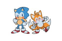 Size: 1000x659 | Tagged: artist needed, safe, miles "tails" prower, sonic the hedgehog, 2021, blushing, cute, duo, eyes closed, looking at viewer, one eye closed, simple background, sonabetes, standing, standing on one leg, tailabetes, transparent background