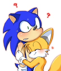 Size: 344x400 | Tagged: artist needed, safe, miles "tails" prower, sonic the hedgehog, 2013, blushing, cute, duo, eyes closed, gay, heart, hugging, question mark, shipping, simple background, sonic x tails, standing, surprised, sweatdrop, tailabetes, white background