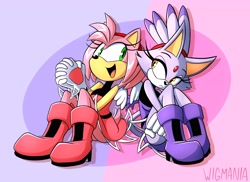 Size: 4096x2979 | Tagged: safe, artist:wigmania, amy rose, blaze the cat, cat, hedgehog, 2023, amy x blaze, cute, female, females only, hands together, lesbian, looking at each other, shipping