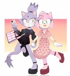 Size: 1877x2048 | Tagged: safe, artist:kiironoinku, amy rose, blaze the cat, cat, hedgehog, 2022, amy x blaze, cute, female, females only, holding hands, lesbian, looking at viewer, phone, shipping, shopping bag