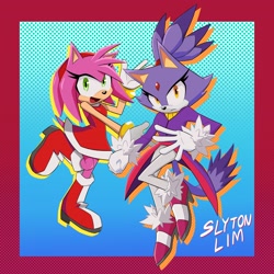 Size: 3900x3900 | Tagged: safe, artist:slyton_lim97, amy rose, blaze the cat, cat, hedgehog, 2020, amy x blaze, amy's halterneck dress, blaze's tailcoat, cute, female, females only, lesbian, looking at viewer, shipping