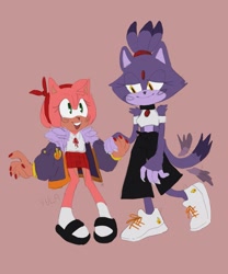 Size: 1707x2048 | Tagged: safe, artist:yulasart, amy rose, blaze the cat, cat, hedgehog, 2020, amy x blaze, cute, female, females only, holding hands, lesbian, looking at each other, shipping