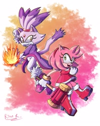 Size: 1623x2048 | Tagged: safe, artist:ryan_rudnick, amy rose, blaze the cat, cat, hedgehog, 2021, amy x blaze, amy's halterneck dress, back to back, blaze's tailcoat, cute, female, females only, flame, lesbian, mouth open, piko piko hammer, shipping