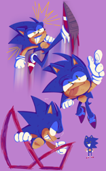 Size: 1200x1928 | Tagged: safe, artist:head---ache, sonic the hedgehog, jumping, mid-air, no outlines, pointing, purple background, running, simple background, smile, solo, super peel-out, tongue out, top surgery scars, trans male, transgender