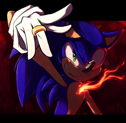 Size: 1536x1493 | Tagged: safe, artist:leskowitx, sonic the hedgehog, abstract background, border, flame, looking at viewer, male, ring (jewelry), smile, solo, sonic and the secret rings
