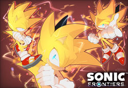 Size: 2047x1417 | Tagged: safe, artist:anhvo3511, sonic the hedgehog, super sonic 2, hedgehog, sonic frontiers, arms folded, blue eyes, electricity, flying, glowing eyes, logo, looking at viewer, male, pointing at viewer, solo, super form
