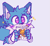 Size: 409x380 | Tagged: safe, artist:chibi-0004, oc, oc:kitsu the fennec, fox, birthday, blue fur, blushing, colored ears, drawing, fankid, fingerless gloves, grey background, heart eyes, holding something, looking ahead, magical gay spawn, parent:kit, parent:tails, parents:kittails, purple eyes, signature, simple background, solo, sparkles