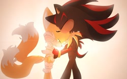 Size: 2048x1277 | Tagged: safe, artist:afranticsonicperson, miles "tails" prower, shadow the hedgehog, blushing, comforting, crying, duo, eyes closed, gradient background, holding them, hugging, standing, tears, tears of sadness
