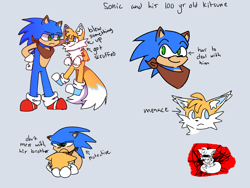 Size: 1600x1200 | Tagged: safe, artist:0vergrowngraveyard, miles "tails" prower, sonic the hedgehog, alternate universe, au:kitsune tails, bandana, blue shoes, colored ears, cute, duo, ear fluff, english text, frown, grey background, simple background, smile, sonabetes, tailabetes