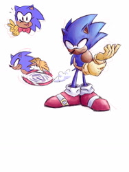 Size: 960x1280 | Tagged: safe, artist:skeletonpendeja, sonic the hedgehog, eyelashes, frown, looking at viewer, looking offscreen, male, running, simple background, smile, solo, standing, v sign, white background, yellow gloves