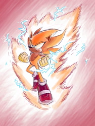 Size: 960x1280 | Tagged: safe, artist:skeletonpendeja, sonic the hedgehog, super sonic, abstract background, clenched fists, electricity, eyelashes, frown, looking offscreen, male, soap shoes, solo, super form, yellow gloves
